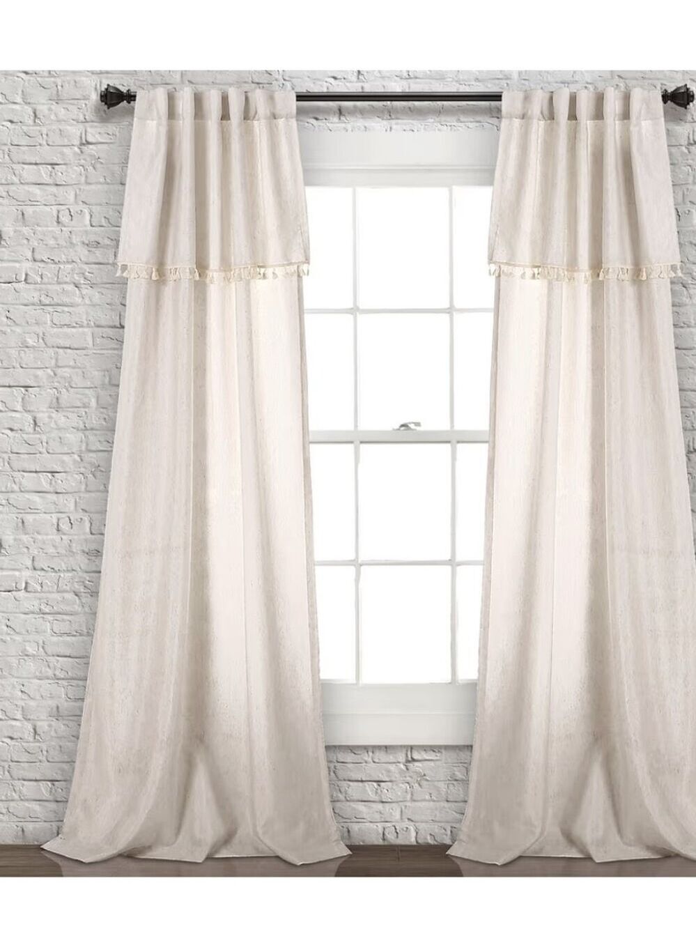 LUSH DECOR Neutral Ivy Tassel Window Curtain Panels Back Tab Rod Pocket 40x84"